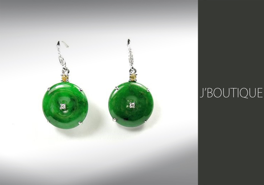 ミャンマー産天然無処理翡翠 ボタン ジュエリーピアス 明緑 K18