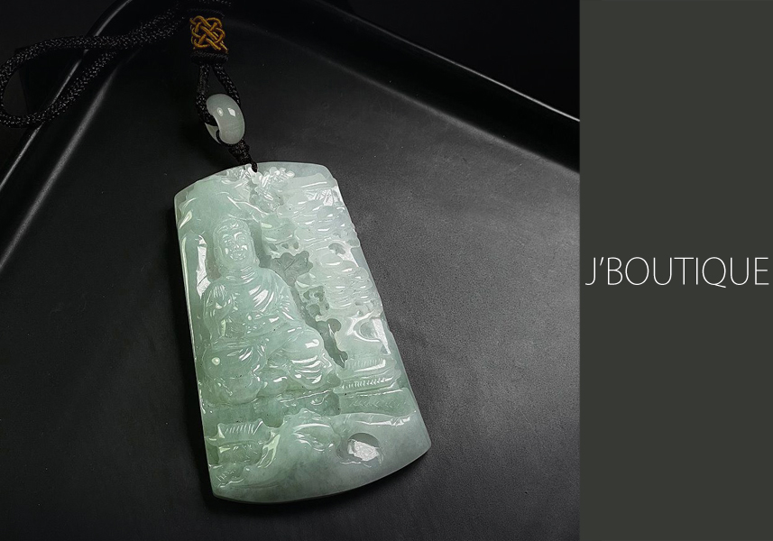 翡翠 仏像 文殊菩薩 オーナメント ペンダント 手石 薄緑 薄青緑 冰糯