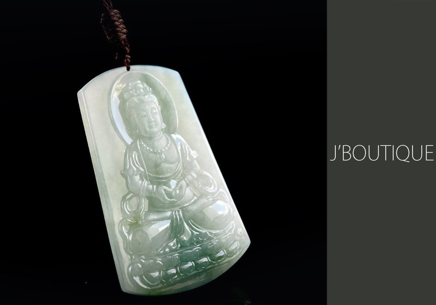 翡翠 仏像 観音様 ペンダント オーナメント 手石 オフホワイト 苔緑 冰