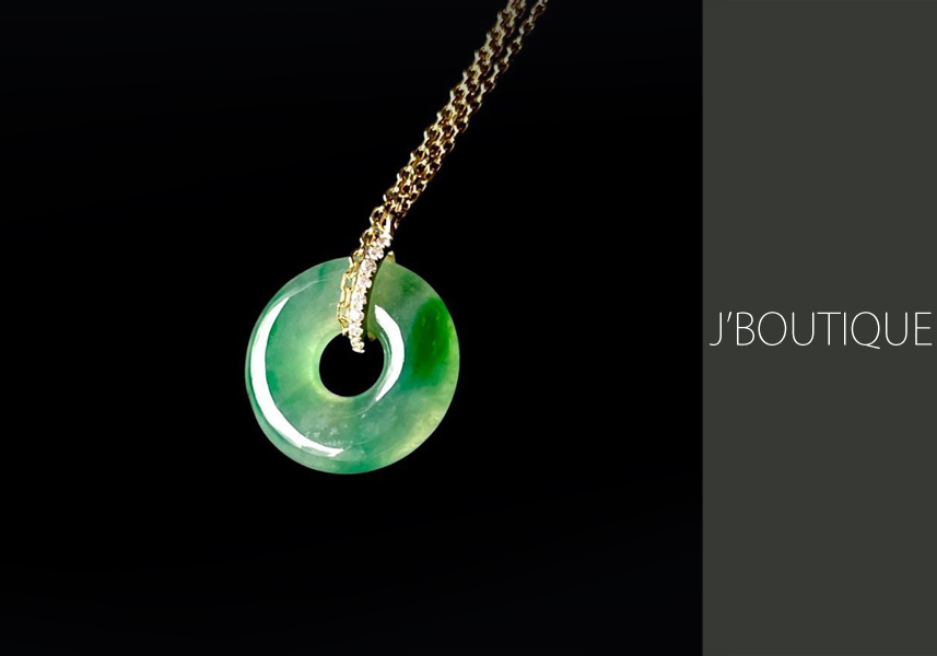 翡翠 玉環 ドーナツ ジュエリー ペンダント ホワイト 明緑 冰 K18 イエローゴールド ダイヤモンド
