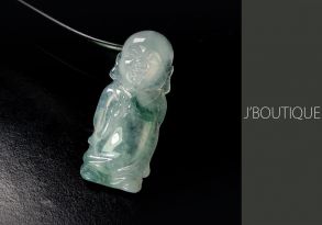 A-Grade Natural Myanmar Icy White and Deep Green Jadeite Jade Little Monk Pendant / Handstone