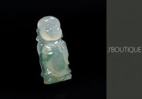 A-Grade Natural Myanmar Icy Off White and Deep Green Jadeite Jade Little Monk Pendant / Handstone