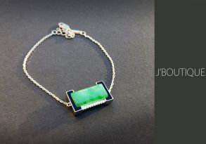 ミャンマー産天然無処理翡翠 バゲット ジュエリー ブレスレット 薄明緑 冰 K18 ホワイトゴールド 黒瑪瑙 ダイヤモンド