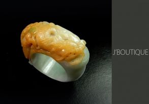 A-Grade Natural Myanmar Yellow, Pale Green and Off White Jadeite Jade Twin Dragon Ring