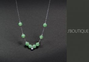 A-Grade Natural Myanmar Icy Pale Green Jadeite Jade Beads Necklace with K18 White Gold and Diamond