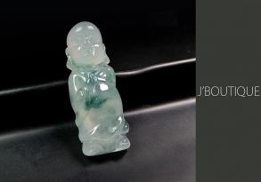 A-Grade Natural Myanmar Icy Off White and Deep Green Jadeite Jade Little Monk Pendant / Handstone