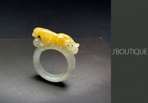 ミャンマー産天然無処理翡翠 ヒキュウ 貔貅 くりぬき リング 指輪 黄翡 オフホワイト 冰