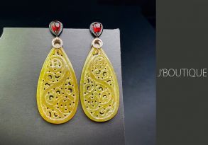 ミャンマー産天然無処理翡翠 吉祥 ジュエリー ピアス 黄翡 冰糯 K18 ローズゴールド 柘榴石 黒瑪瑙 ダイヤモンド