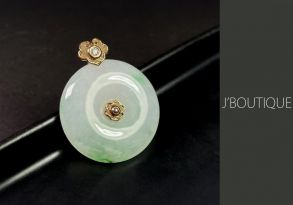 ミャンマー産天然無処理翡翠 ボタン ジュエリー ペンダント ホワイト 薄緑 冰 K18 イエローゴールド ダイヤモンド