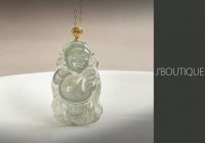 ミャンマー産天然無処理翡翠 財神 吉祥 ペンダント オーナメント 手石 淡青緑 冰 純銀 K18 イエローゴールドメッキ
