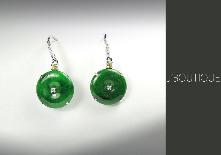 ミャンマー産天然無処理翡翠 ボタン ジュエリーピアス 明緑 K18