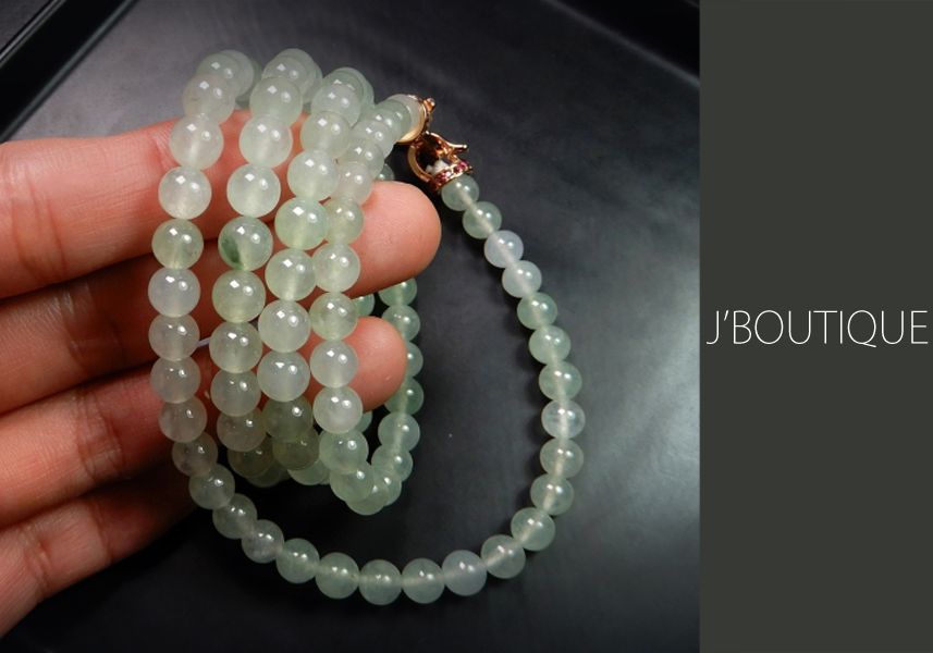 ミャンマー産天然無処理翡翠 ビーズ ネックレス 薄青緑 冰