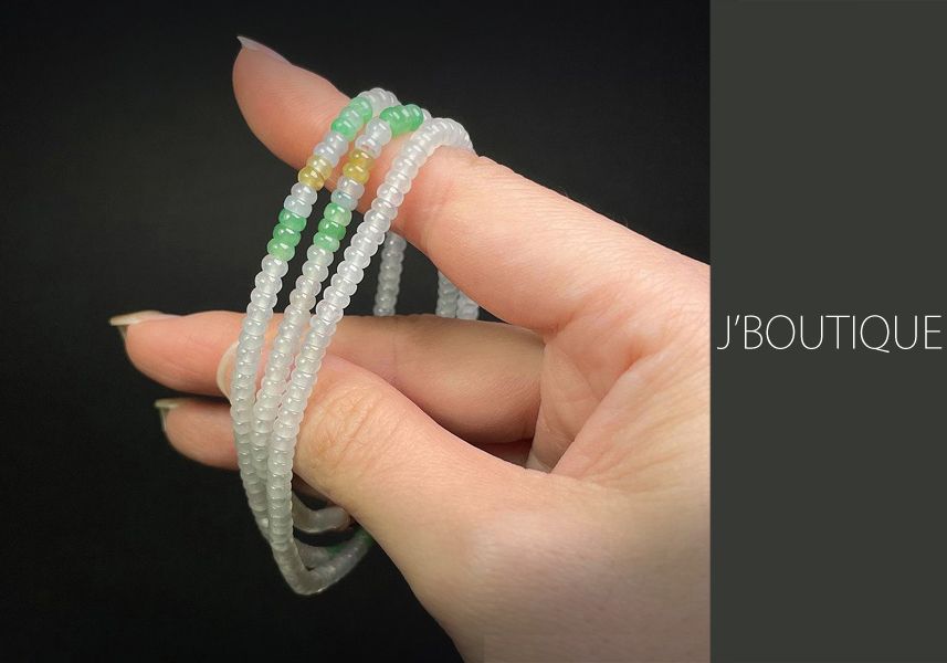 ミャンマー産天然無処理翡翠 ビーズ ネックレス ホワイト 翠緑 黄翡 冰