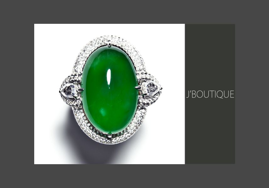 ミャンマー産天然無処理翡翠 ジュエリーリング 指輪 ろうかん 濃緑 ダイヤ 18K