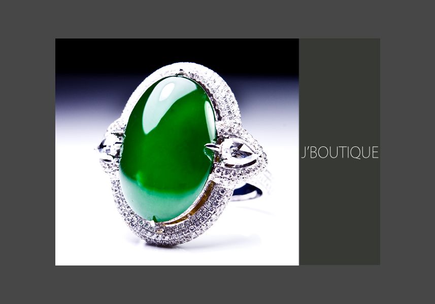 ミャンマー産天然無処理翡翠 ジュエリーリング 指輪 ろうかん 濃緑 ダイヤ 18K